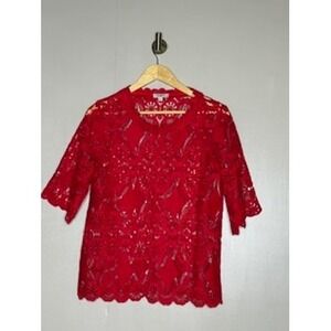 Umgee Red Lace Blouse Short Sleeve Scalloped Crochet Top M